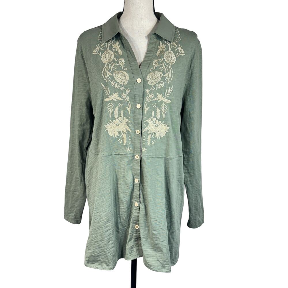 Soft Surroundings Large Spring Thaw Tunic Top Button-Up Floral V-Neck Stretch